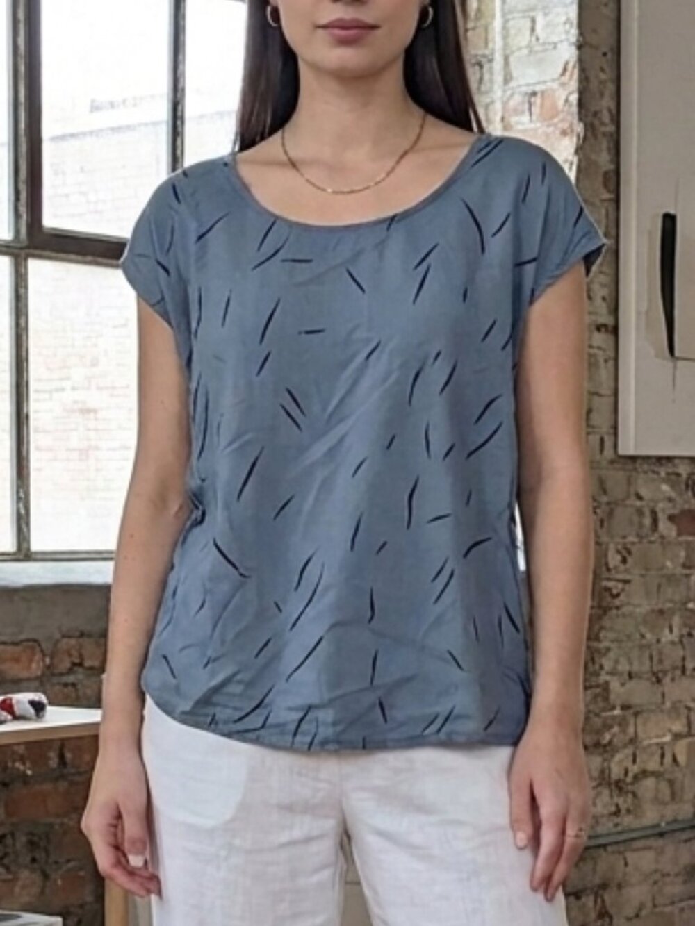 ICHI Graphic Print Short Sleeve Lightweight Blue Blouse Size M